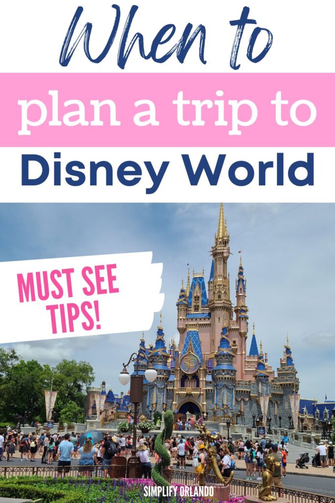 When to plan a trip to Disney World - vacation planning tips and tricks to help you plan when to go to disney and avoid long wait times.  shown: magic kingdom castle.