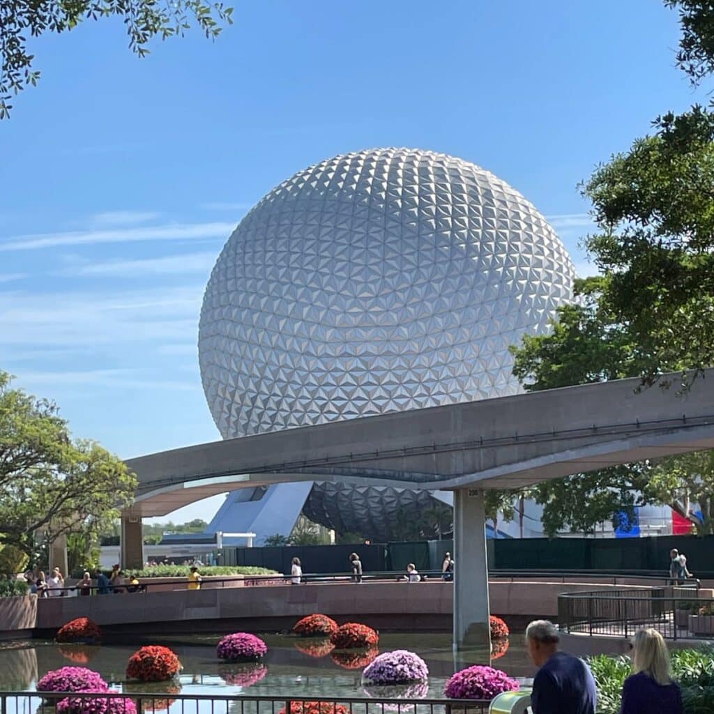 Epcot gluten free - Epcot ball with flowers surrounding it