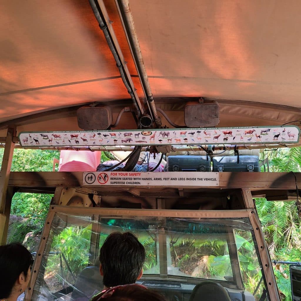 ride vehicle sign of animals on the safari ride