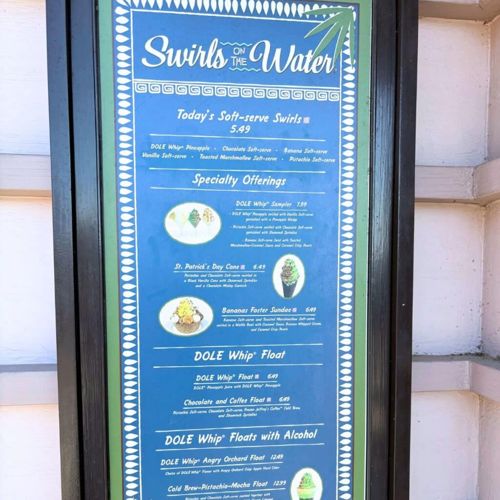 swirls on the water menu with Dole Whip offerings