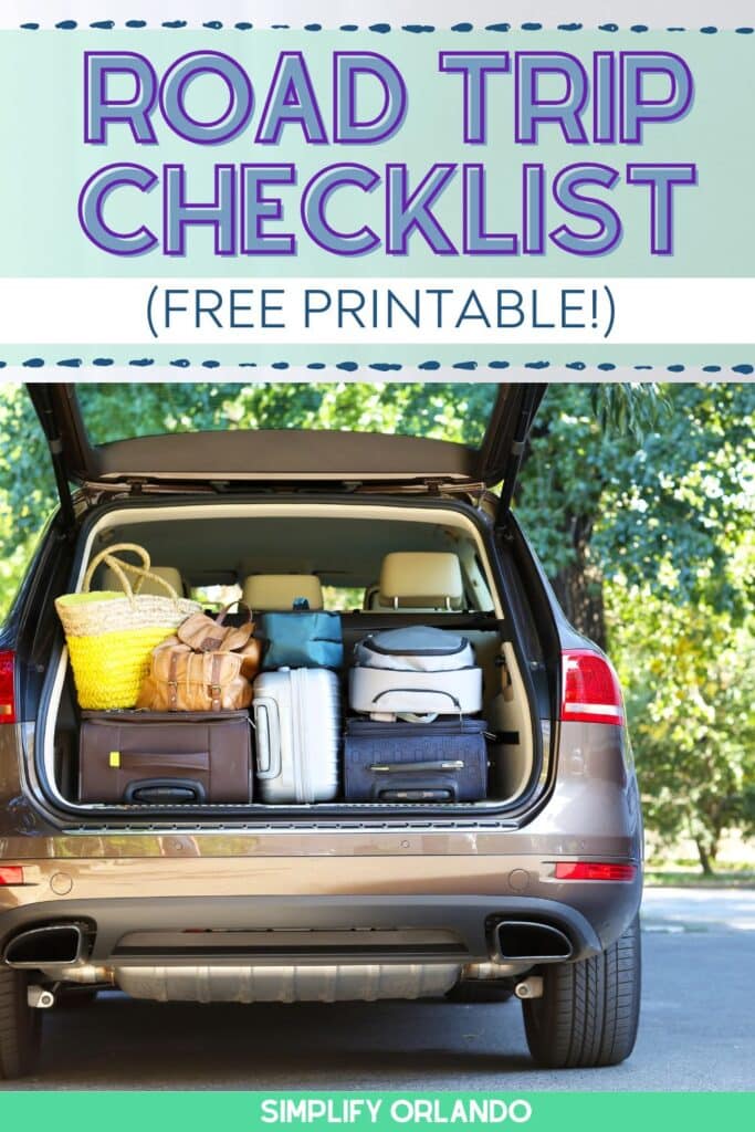 road trip checklist - free printable, truck full of suitcases shown.